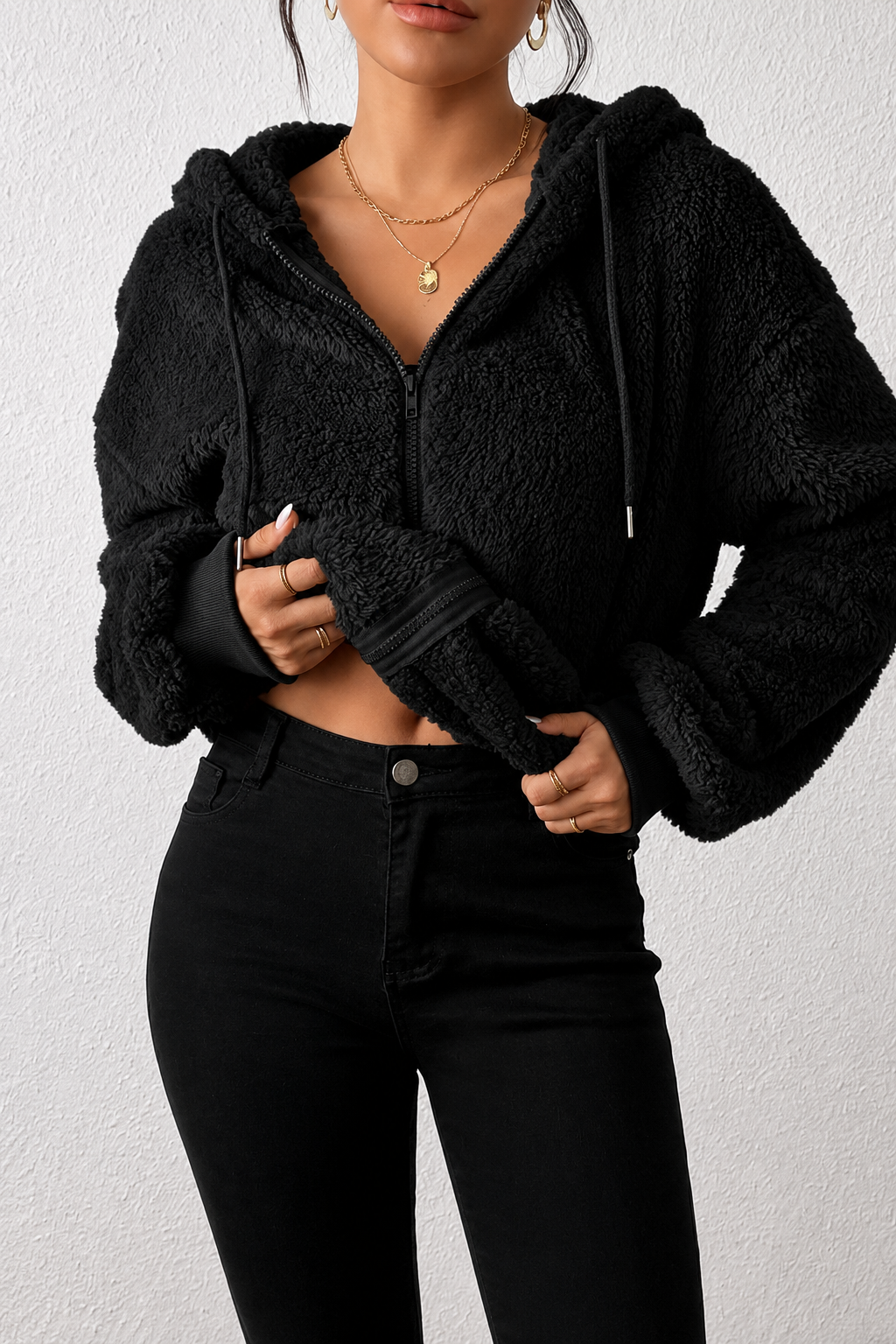 Zip-Up Plush Hooded Outerwear