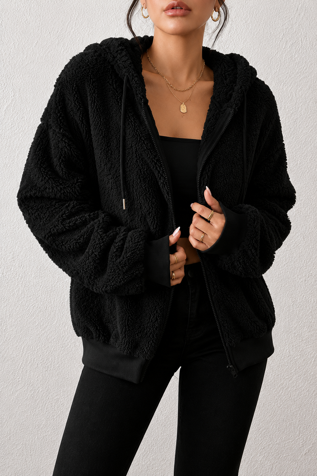 Zip-Up Plush Hooded Outerwear