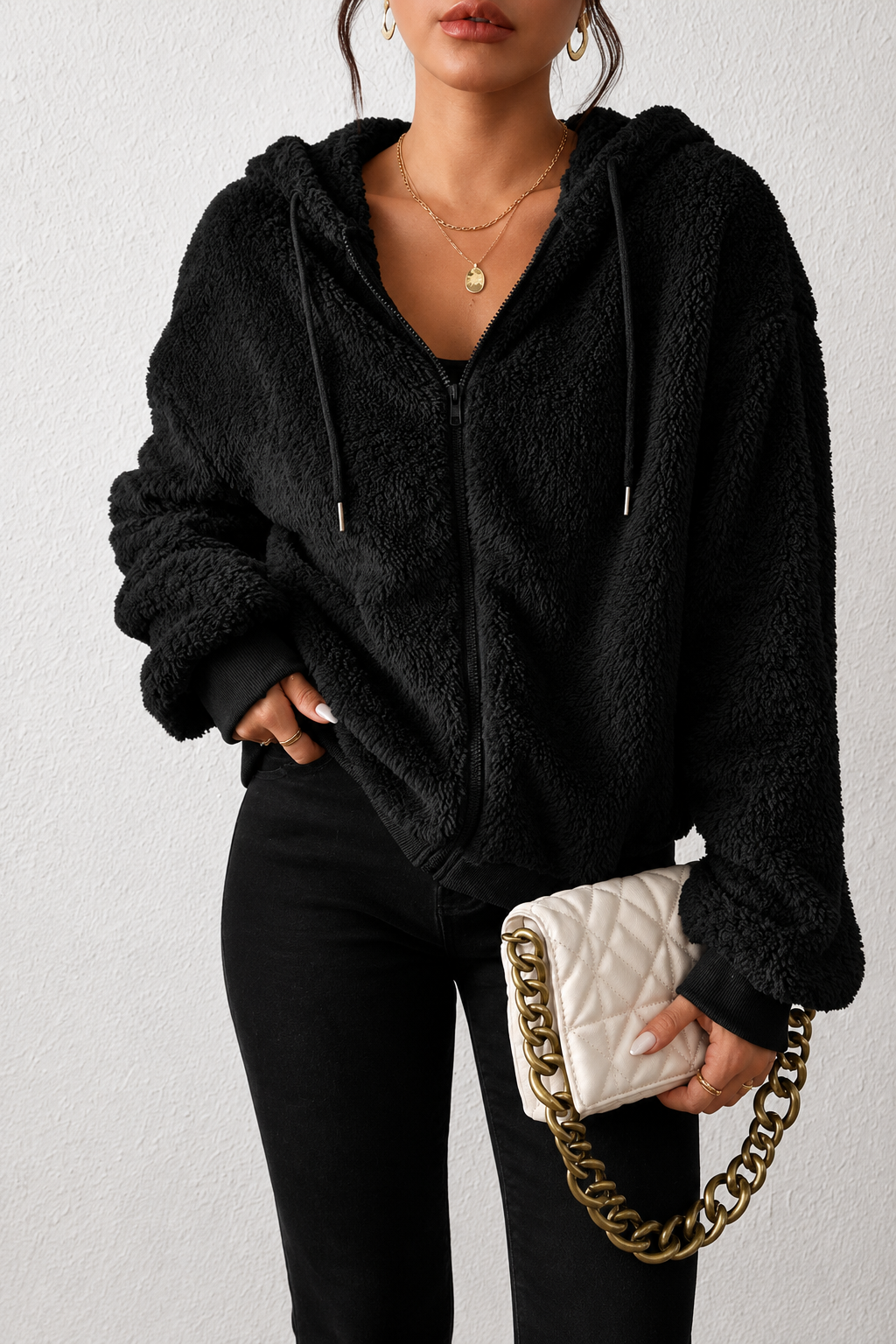 Zip-Up Plush Hooded Outerwear