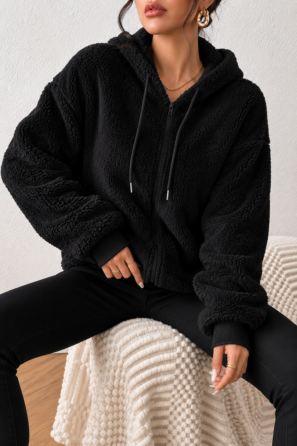 Zip-Up Plush Hooded Outerwear